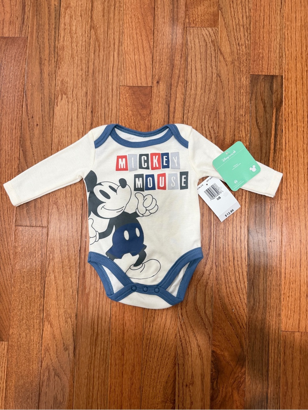 Disney Cream and Blue Mickey Mouse Long-Sleeve One-Piece Bodysuit